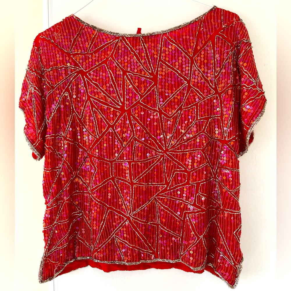 Brand New Red Sequined & Beaded 100% Silk Top with 100% Rayon Lining. Size: M/L